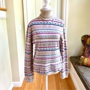 Garnet Hill Cashmere Turtleneck Sweater in Beige Pink Multi Fair Isle Stripe (L)